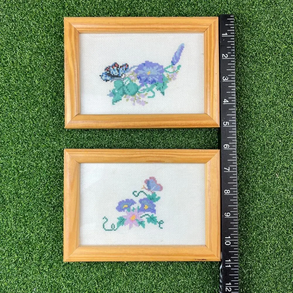 Vintage Lot of 2 Hand Stitched Alicia Floral Butterfly Wooden Frame